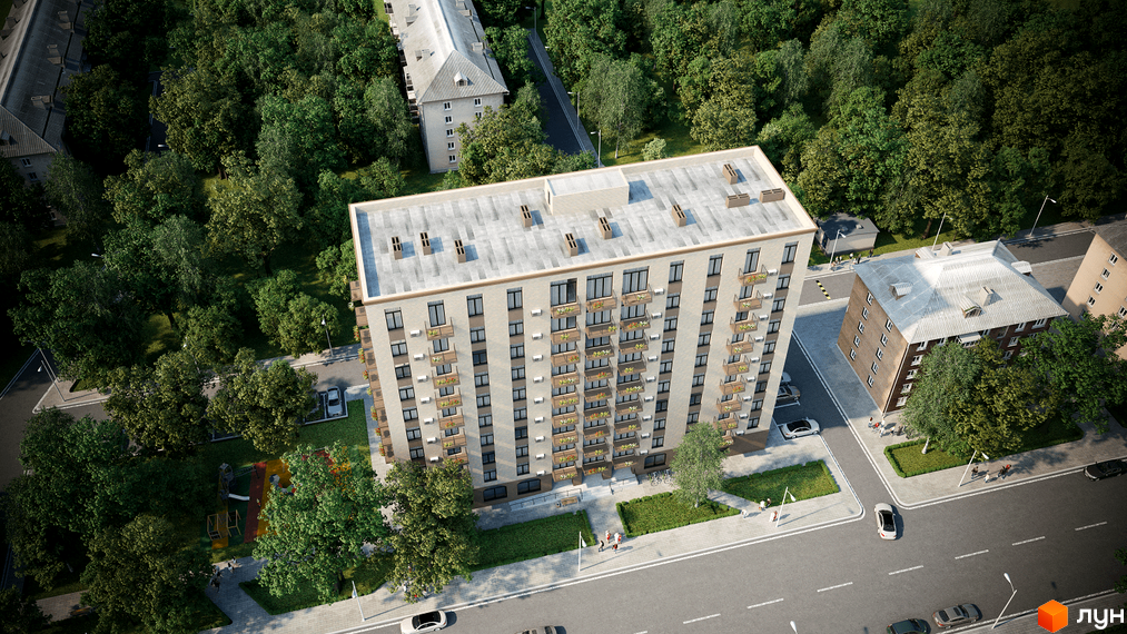 Зовнішній вигляд житлового комплексу Освіти, 14, з фасадом з світлої цегли та балконами. На прибудинковій території розташований дитячий майданчик та зелені насадження.