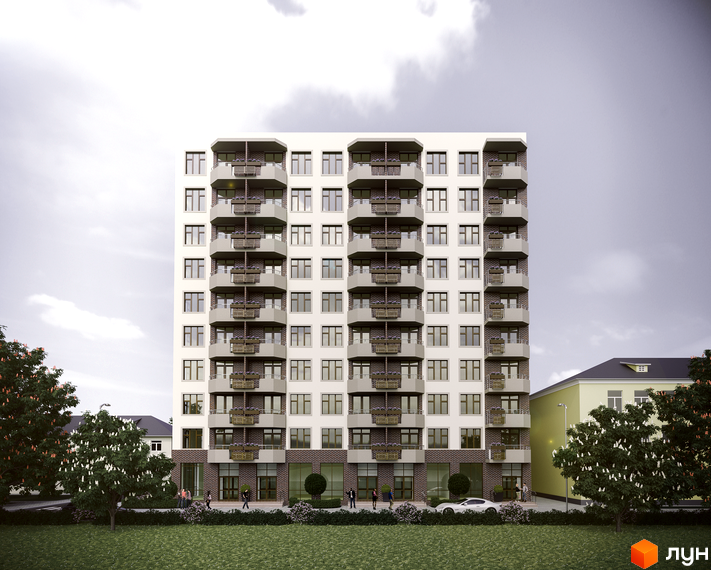 Апарт-комплекс Електриків – це багатоповерхова новобудова з балконами та цегляним оздобленням фасаду. Перед будинком розташована зелена зона з деревами та місцями для відпочинку.