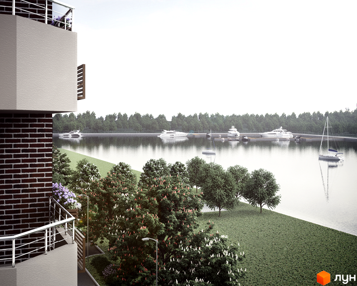 Апарт-комплекс Електриків: вид з балкона на річку з яхтами та зелену територію. Сучасний житловий комплекс з розвиненою інфраструктурою та мальовничими краєвидами.