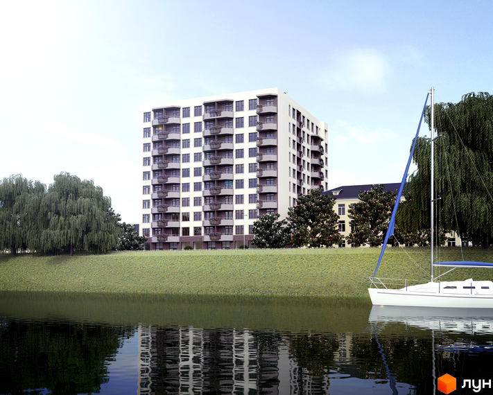 Апарт-комплекс Електриків - це багатоповерховий будинок з балконами, розташований біля річки з пришвартованим біля берега білим вітрильником. Навколо комплексу зелена зона з деревами.