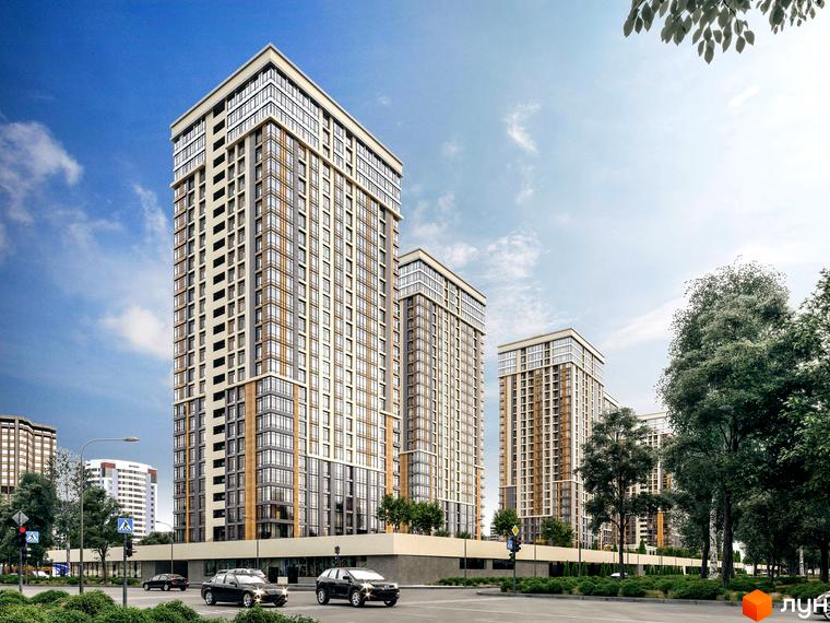 Житловий комплекс Урлівський-1 - висотні будинки з панорамним склінням та оздобленням фасаду. Навколо зелена зона з деревами та доглянутим газоном.