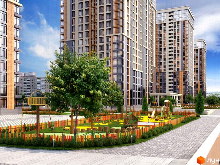 Житловий комплекс Урлівський-1: висотні будинки з панорамними вікнами та дитячий майданчик з яскравим огородженням.