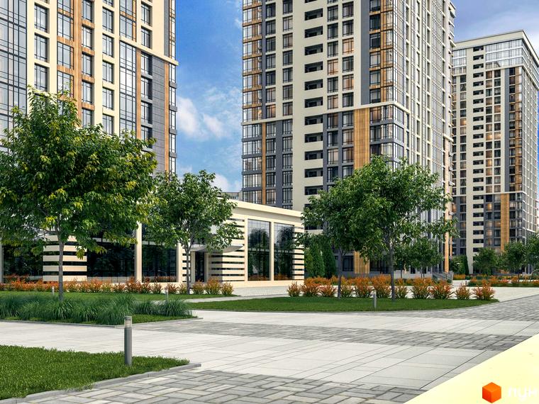 Житловий комплекс Урлівський-1: високі будівлі з панорамним склінням та дерев'яними елементами фасаду. Прибудинкова територія з доглянутими деревами та кущами.