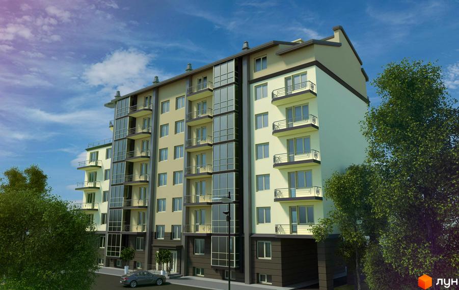 Сучасна новобудова на вулиці Єрошенка, 14, з балконами та великими вікнами. Навколо зелені дерева та прибудинкова територія з автомобілем.