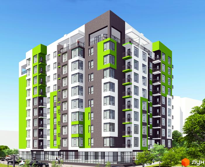 Новобудова ЖК IHome з яскравими зеленими та сірими фасадами, великими вікнами та балконами. Навколо будинку зелені дерева та припарковані автомобілі.