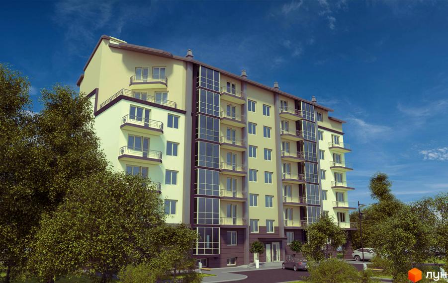 Зовнішній вигляд багатоповерхового будинку з балконами та скляними елементами. Навколо будинку зелені дерева та облаштована прибудинкова територія.