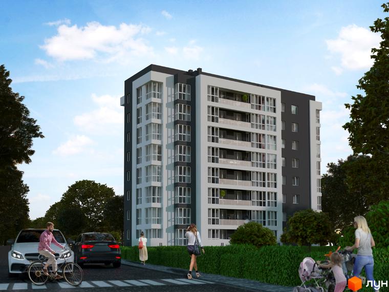 Зображення дев'ятиповерхового будинку в Житловому районі Kaiser Comfort. На передньому плані пішохідний перехід, люди, автомобілі та зелені насадження.