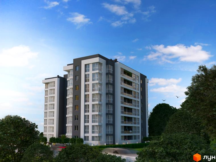 Зображення багатоповерхового будинку в Житловому комплексі Kaiser Comfort. Навколо будівлі зелені насадження та дерева.