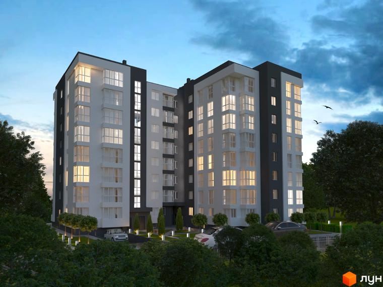Зображення багатоповерхового будинку в Житловому комплексі Kaiser Comfort. На фото видно фасад будинку та прибудинкову територію з деревами.