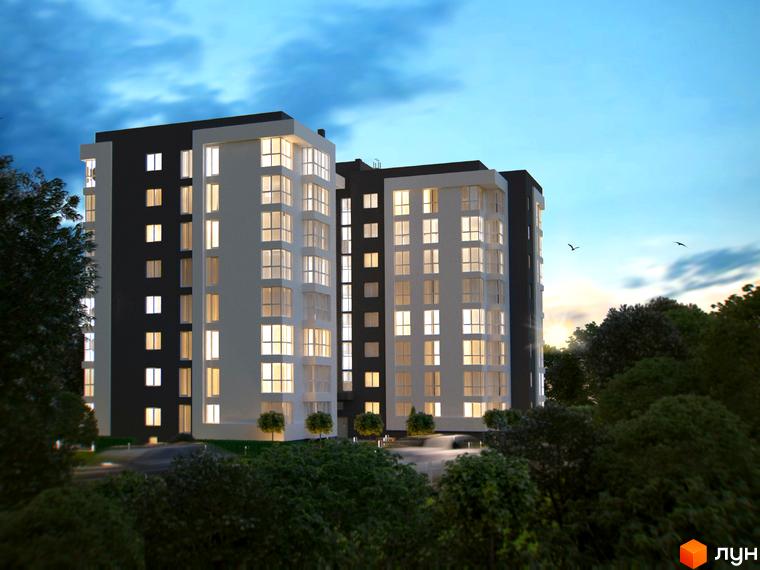 Зображення багатоповерхового будинку в Житловому комплексі Kaiser Comfort. Фасад будинку з великими вікнами, навколо дерева.