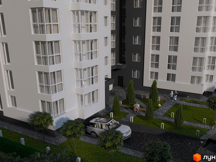 Зображення фасаду та прибудинкової території Житлового комплексу Kaiser Comfort. Вигляд новобудови з великими вікнами та зеленим подвір'ям.