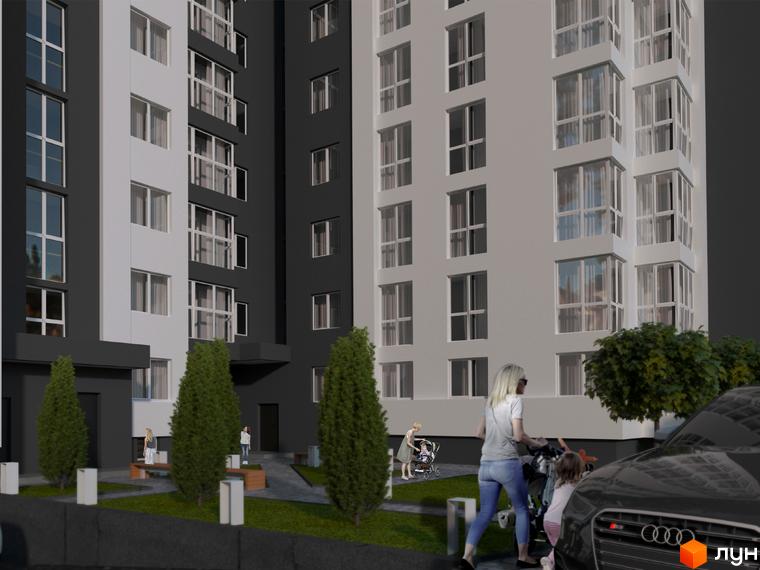 Зображення фасаду та прибудинкової території Житлового комплексу Kaiser Comfort. Багатоповерхова будівля з великими вікнами, зелені насадження.