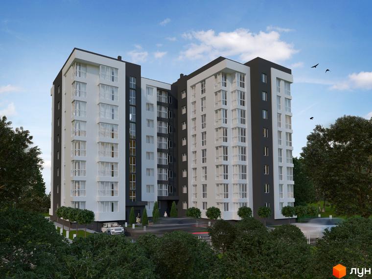 Зображення фасаду та прибудинкової території Житлового комплексу Kaiser Comfort. Багатоповерхова новобудова з великими вікнами та деревами навколо.