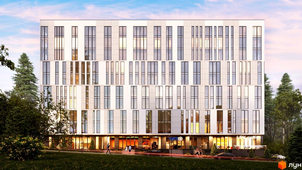 Фасад житлового комплексу OBRIY з великою кількістю вікон та балконів. Навколо будівлі зелена територія з деревами та газоном.