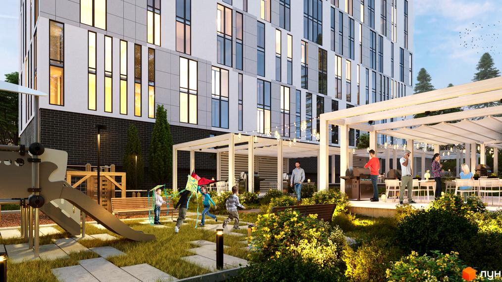 Житловий комплекс OBRIY з дитячим майданчиком та зоною відпочинку з барбекю. Сучасна архітектура та зелена прибудинкова територія.