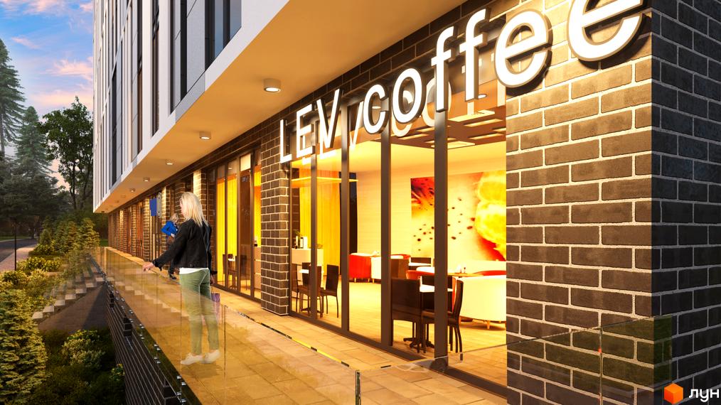 Зовнішній вигляд новобудови ЖК OBRIY з фасадом з цегли та великими вікнами. Прибудинкова територія з алеєю та зеленими насадженнями.