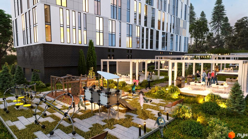 Житловий комплекс OBRIY: сучасна архітектура та простора прибудинкова територія з дитячим майданчиком та зонами відпочинку.