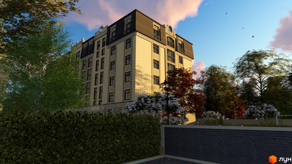 Житловий комплекс Європа - це багатоповерхова новобудова з мансардним дахом, вікнами правильної форми та декоративними елементами на фасаді. Навколо будівлі розташовані дерева та кущі.