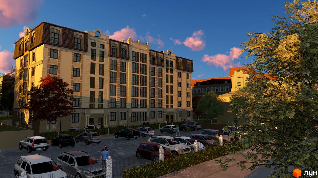 Житловий комплекс Європа: фасад багатоповерхового будинку з мансардою та паркуванням автомобілів на прибудинковій території.