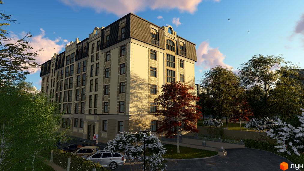 Житловий комплекс Європа - це багатоповерховий будинок з мансардним дахом, великими вікнами та декоративними елементами на фасаді. Прибудинкова територія озеленена деревами та кущами, є парковка для автомобілів.