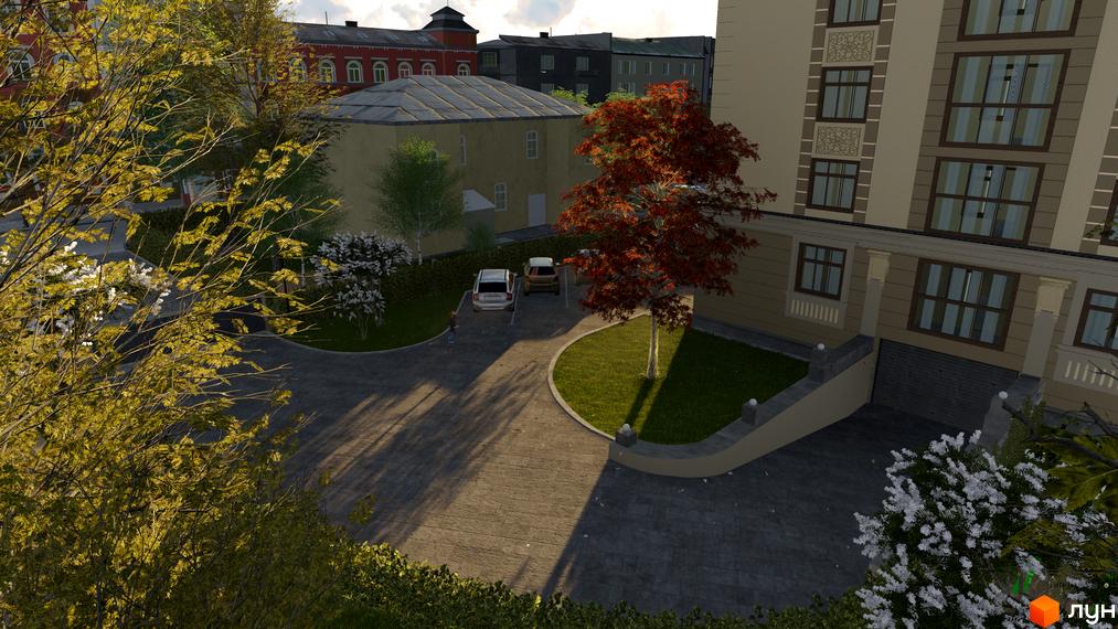 Житловий комплекс Європа: фасад будівлі з великими вікнами та прибудинкова територія з деревами та паркуванням. Зовнішній вигляд новобудови та ландшафтний дизайн.