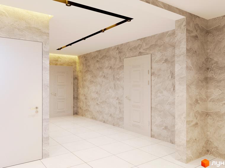 Житловий комплекс Європа: сучасний коридор з двома дверима та текстурними стінами. Дизайн інтер'єру новобудови.