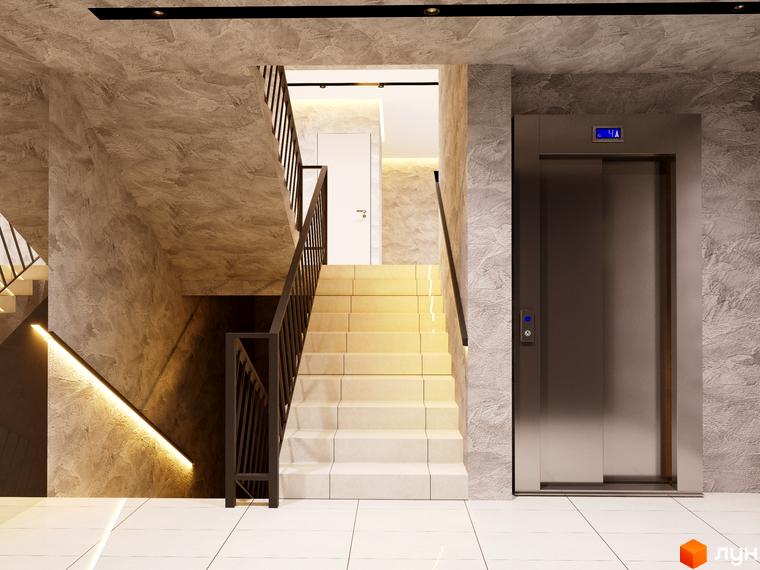 Сучасний вхід у житловий комплекс Європа з ліфтом та сходами. Екстер'єр новобудови з бетонними стінами та підсвіткою.