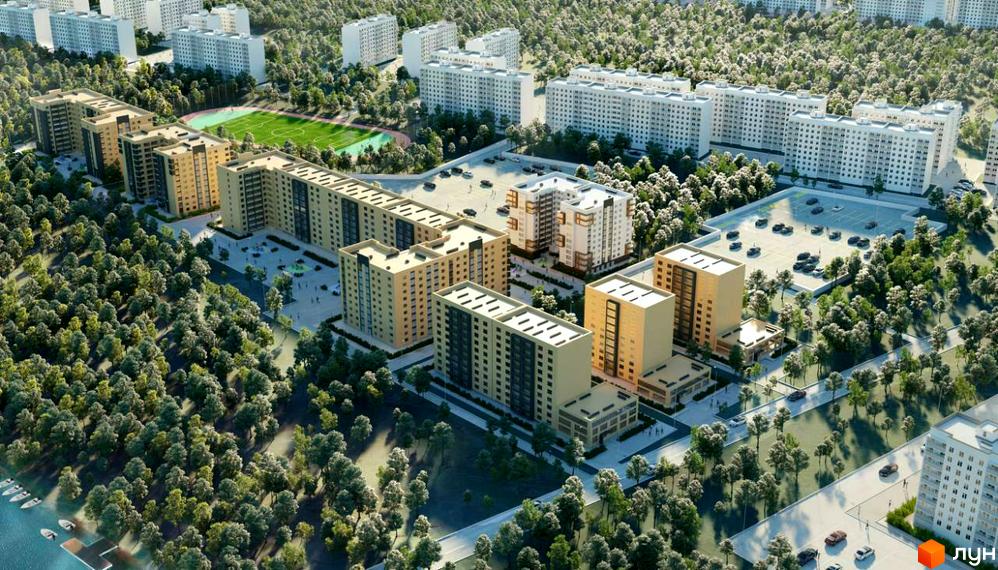 Зображення Житлового комплексу Олімпійський-5 з висоти пташиного лету. На фото новобудова та зелена прибудинкова територія з паркінгом.