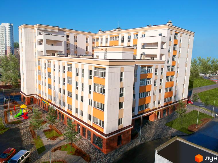 Клубний будинок Fort House з фасадами біло-бежевого кольору з помаранчевими вставками. На прибудинковій території дитячий майданчик та зелені насадження.