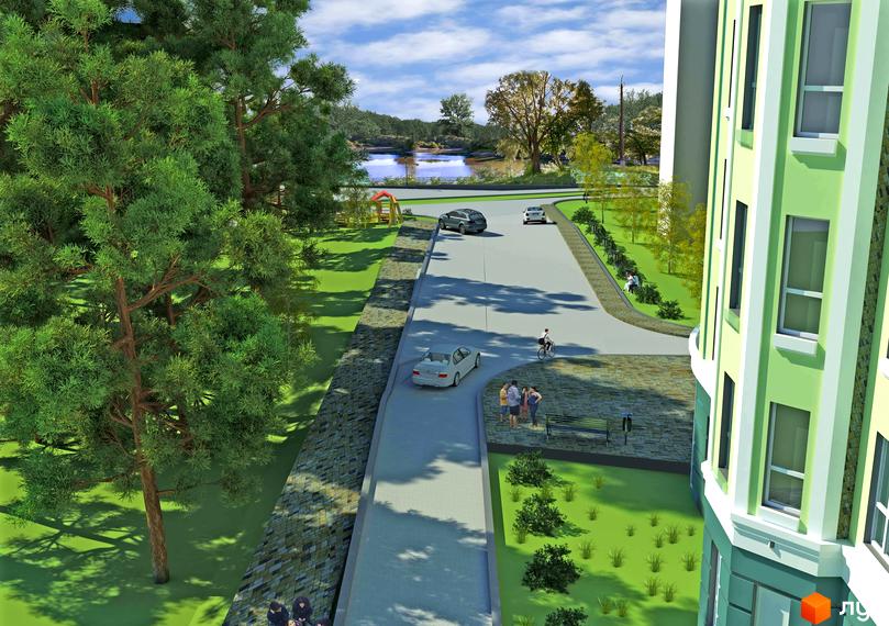 Зелена новобудова ЖК Університетська набережна з великими вікнами. Прибудинкова територія з деревами, дорогою та місцями для відпочинку.