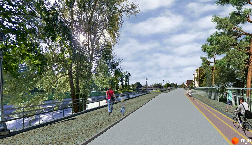 Прогулянкова алея біля річки з людьми та велосипедами. ЖК Університетська набережна - комфортне життя біля води.