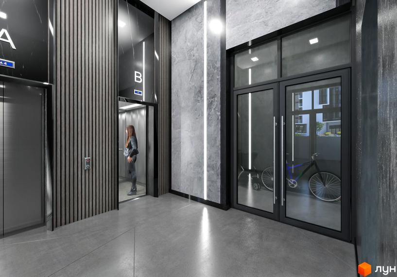 Сучасний дизайн холу житлового комплексу Manhattan з ліфтами та дверима. На території є велосипед.