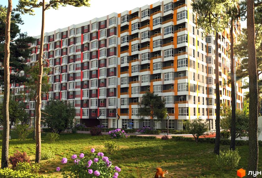 Новобудова ЖК Art Парк з яскравим фасадом та балконами. Навколо будинку зелена зона з деревами та квітами.