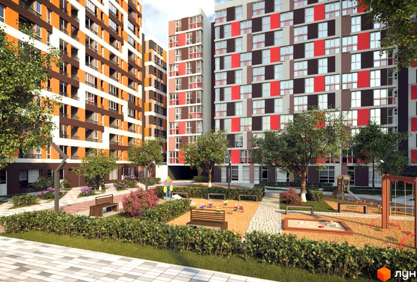 Новобудова ЖК Art Парк з яскравим фасадом та дитячим майданчиком. Сучасний житловий комплекс з облаштованою прибудинковою територією.