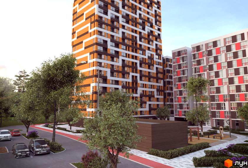 Житловий комплекс Art Park з яскравим фасадом, що складається з блоків з помаранчевими та білими смугами. На прибудинковій території розташовані дерева, дитячий майданчик та парковка з автомобілями.