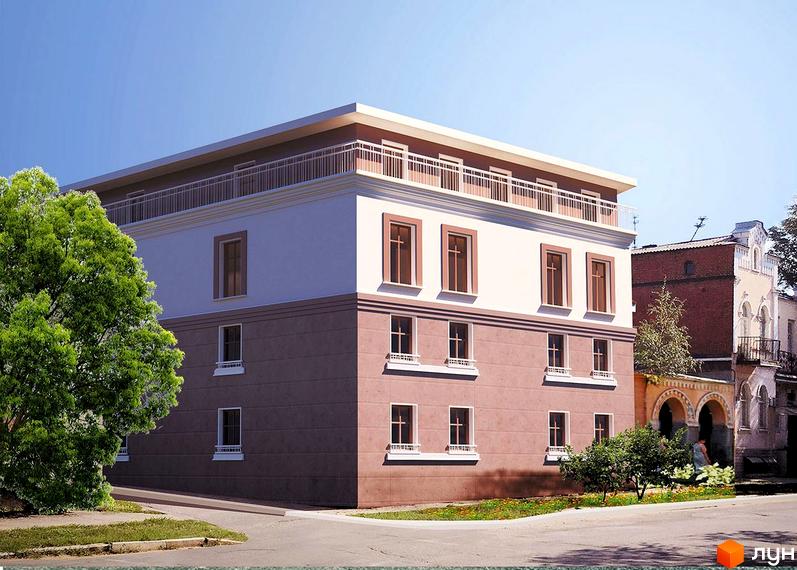 Новобудова ЖК Конторський з коричневим та білим фасадом, вікнами з коричневими рамами та балконами. Навколо будинку зелені дерева та квіти.