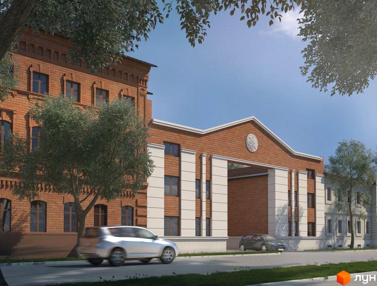 Зовнішній вигляд житлового комплексу Конторський-2 з цегляним фасадом та білими колонами. На прибудинковій території видно дерева та автомобілі.