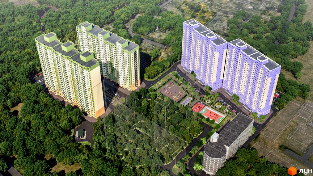 Житловий комплекс Атлант 2 з висотними будинками світло-зеленого та світло-фіолетового кольорів, оточений лісом. На території є дитячі та спортивні майданчики.