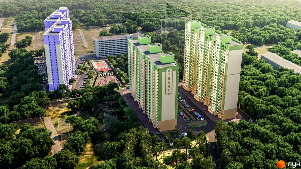 Житловий комплекс Атлант 2 складається з високих будівель фіолетового та зелено-бежевого кольорів. Будинки оточені густим лісом, мають парковки, спортивні майданчики та дитячі зони.