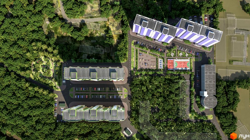 Аерофото Житлового комплексу Атлант 2 з багатоповерховими будинками. Територія оточена лісом, має дитячі майданчики, спортивні поля та парковки.