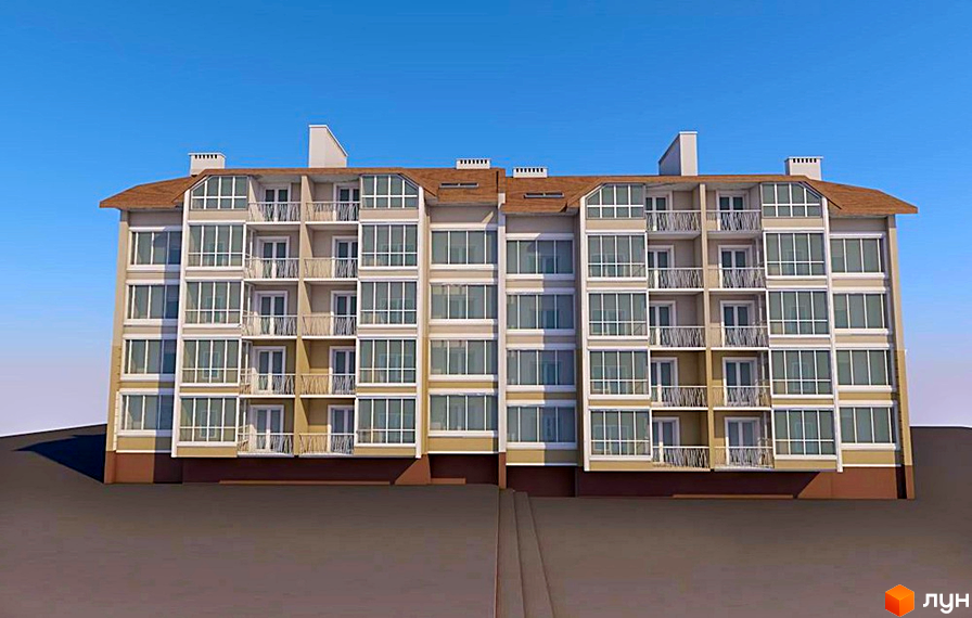 Зовнішній вигляд новобудови на вул. На Нивах, 13а. Багатоповерховий будинок з балконами та великими вікнами на тлі блакитного неба.