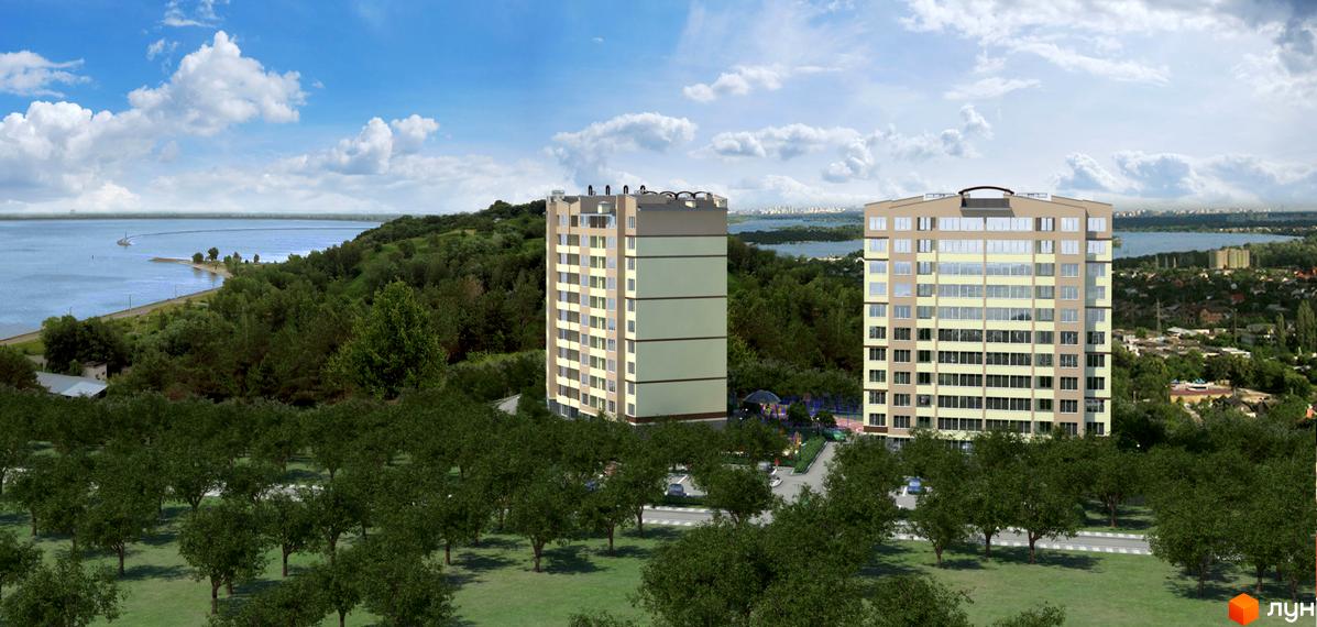 Житловий комплекс 4 Карата. Сучасні багатоповерхові будинки біля річки, зелена прибудинкова територія з деревами та дитячим майданчиком.