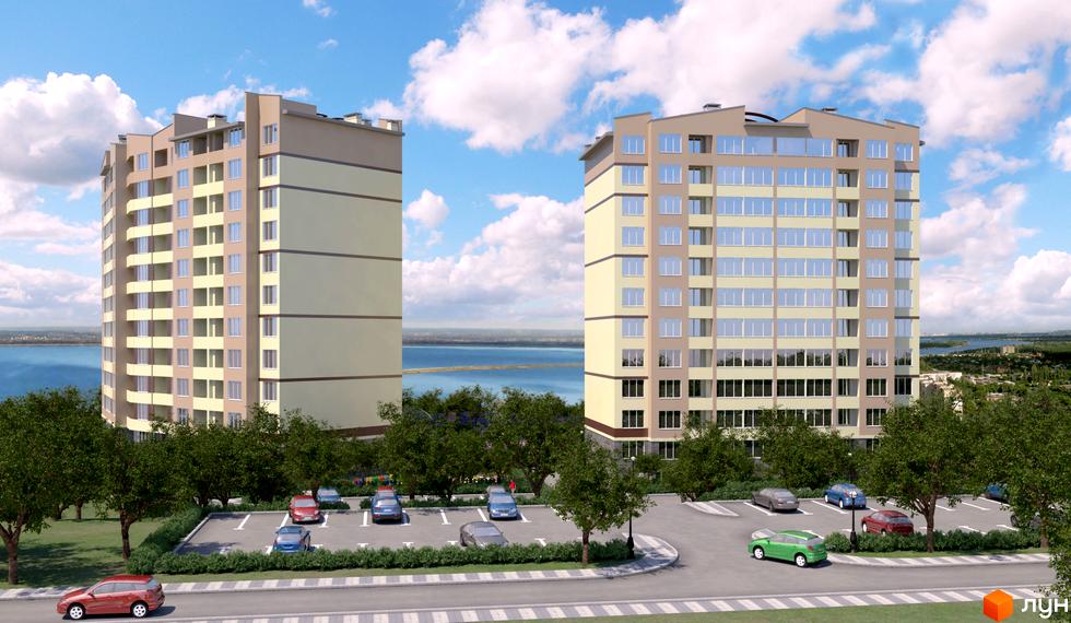 Житловий комплекс 4 Карата: двоє висотних будинків з панорамними вікнами, парковка з автомобілями та зелені насадження.