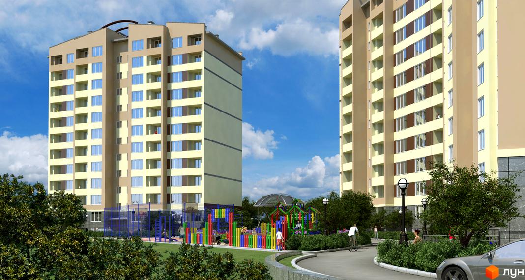 Житловий комплекс 4 Карата: дві високі будівлі зі світло-бежевими фасадами та численними вікнами. Прибудинкова територія включає дитячий майданчик.