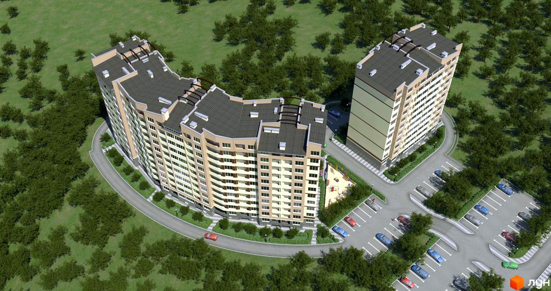 Житловий комплекс 4 Карата: двосекційна новобудова з вигнутим фасадом та окрема висотна будівля, оточені деревами та облаштованою прибудинковою територією з парковкою та дитячим майданчиком.