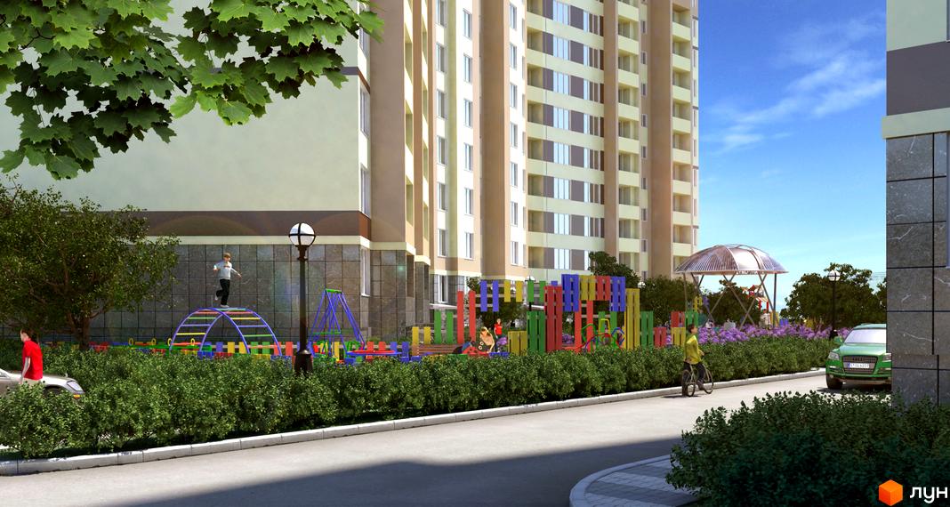Житловий комплекс 4 Карата: висотна будівля з елементами фасаду світло-бежевого кольору. Поруч дитячий майданчик з різнокольоровими елементами та зелені насадження.