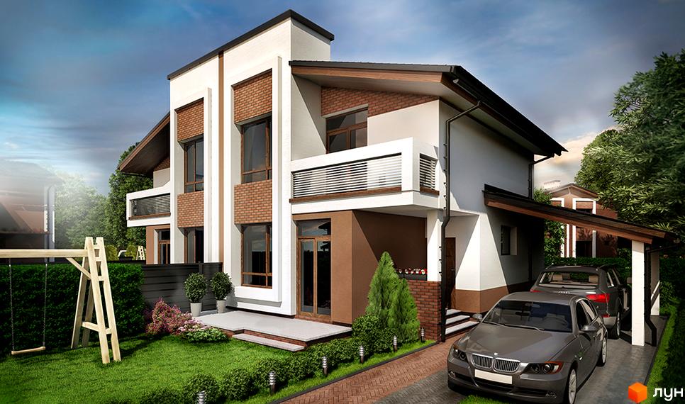 Котеджне містечко Нова Конопниця: двоповерховий будинок з цегляними вставками та балконом, прибудинкова територія з газоном, деревами та дитячим майданчиком.