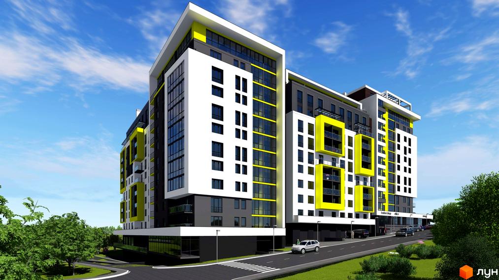 Енергія - це житловий комплекс з яскравим фасадом, що поєднує білий, сірий та жовтий кольори. Будівля має багато вікон та балконів, а навколо розташовані зелені насадження та дорога з автомобілями.