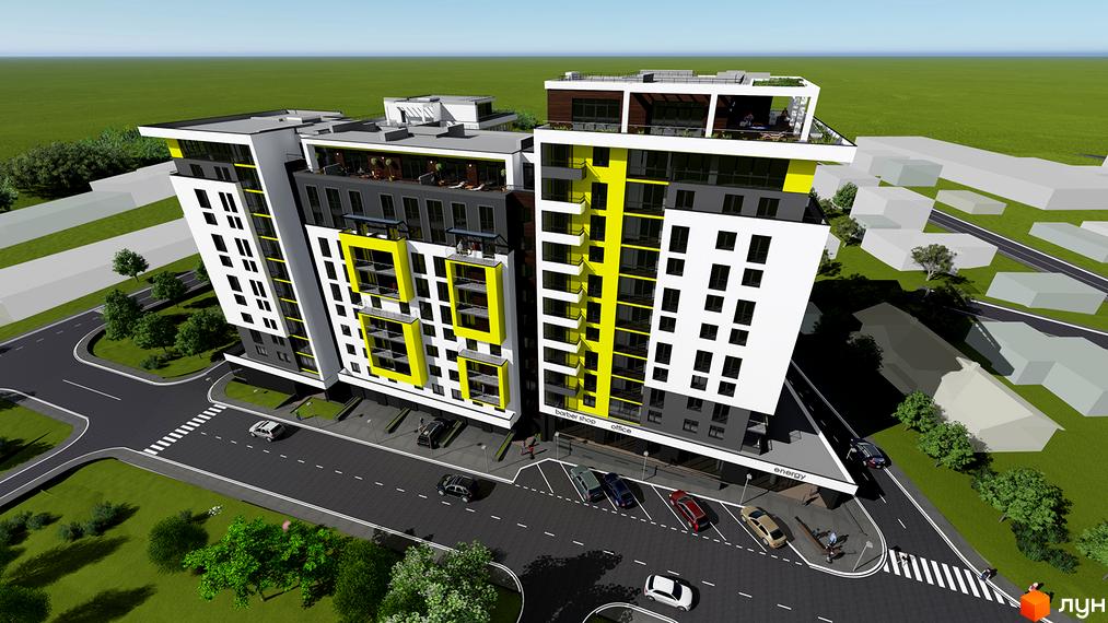 Енергія: сучасний житловий комплекс з яскравими жовтими акцентами та огородженою територією. Зовнішній вигляд будівлі та прибудинкова територія з дорогою та зеленими насадженнями.