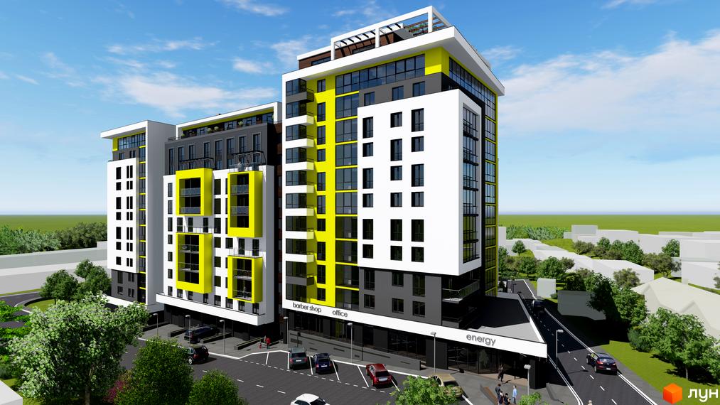 Сучасний житловий комплекс Енергія з яскравими жовтими акцентами та великими вікнами. Навколо будівлі облаштована прибудинкова територія з дорогою та деревами.
